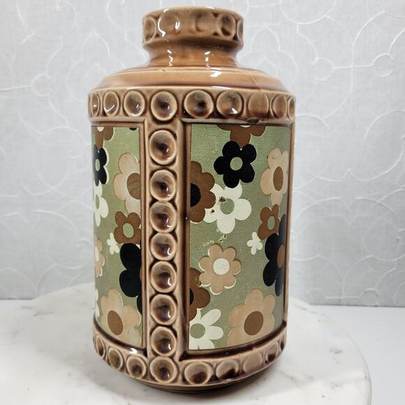 VTG McCoy USA Pottery Canister 10" Tan Green Ditsy Floral Daisy Ceramic Jar - Picture 3 of 16